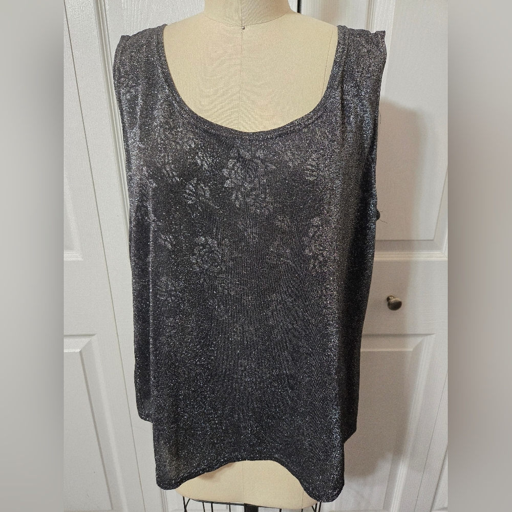 Black & Silver Floral Sleeveless Top, Size 2X, Beautiful Metallic Rose
